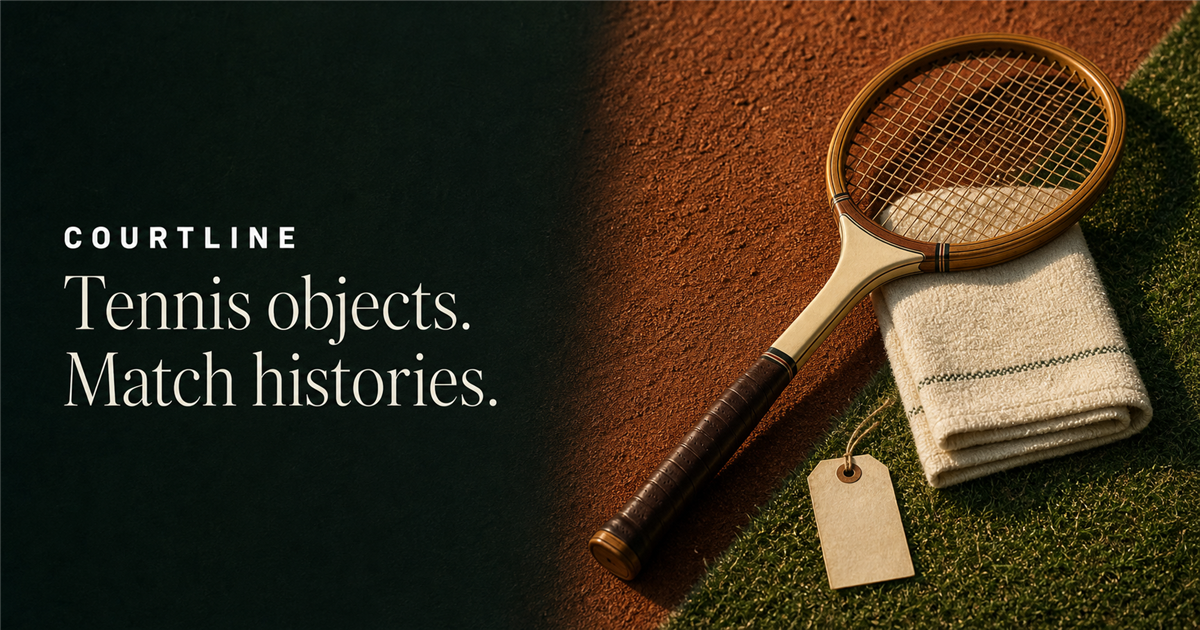 Courtline concept showing a vintage tennis racket photographed on a clay court
