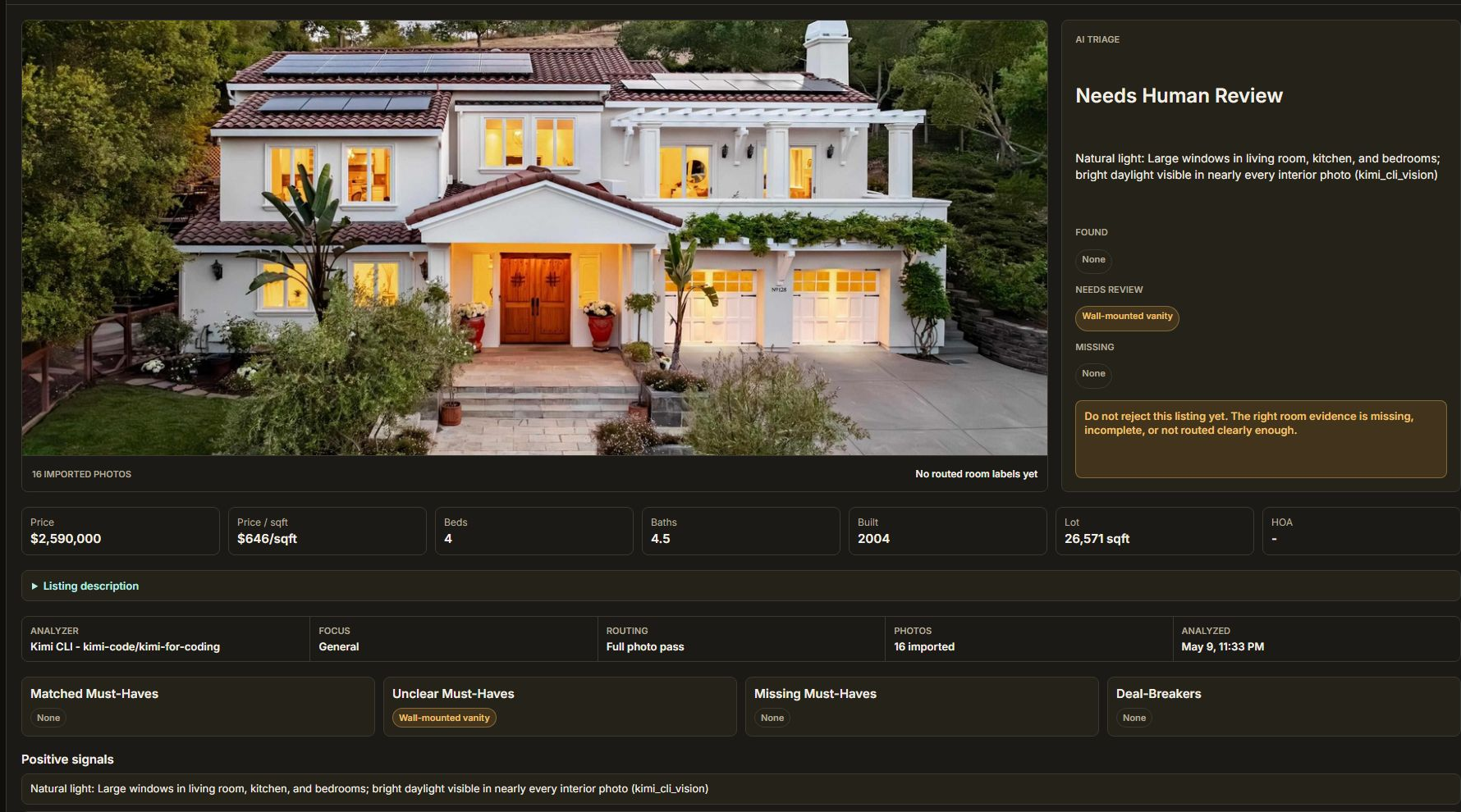 HHunter interface showing a property photograph, AI room analysis, and human-review evidence
